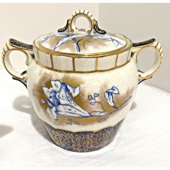 Vintage porcelain creamer & sugar bowl cobalt blue gold highlights unique floral - Picture 2 of 12